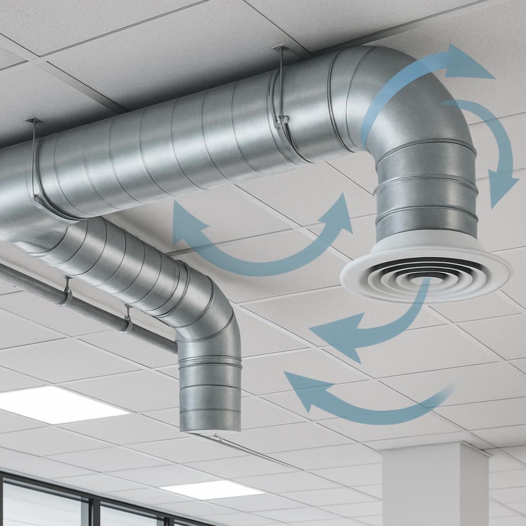The image shows two silver ventilation systems installed on a white celled ceiling. There are multiple arrows surrounding ...