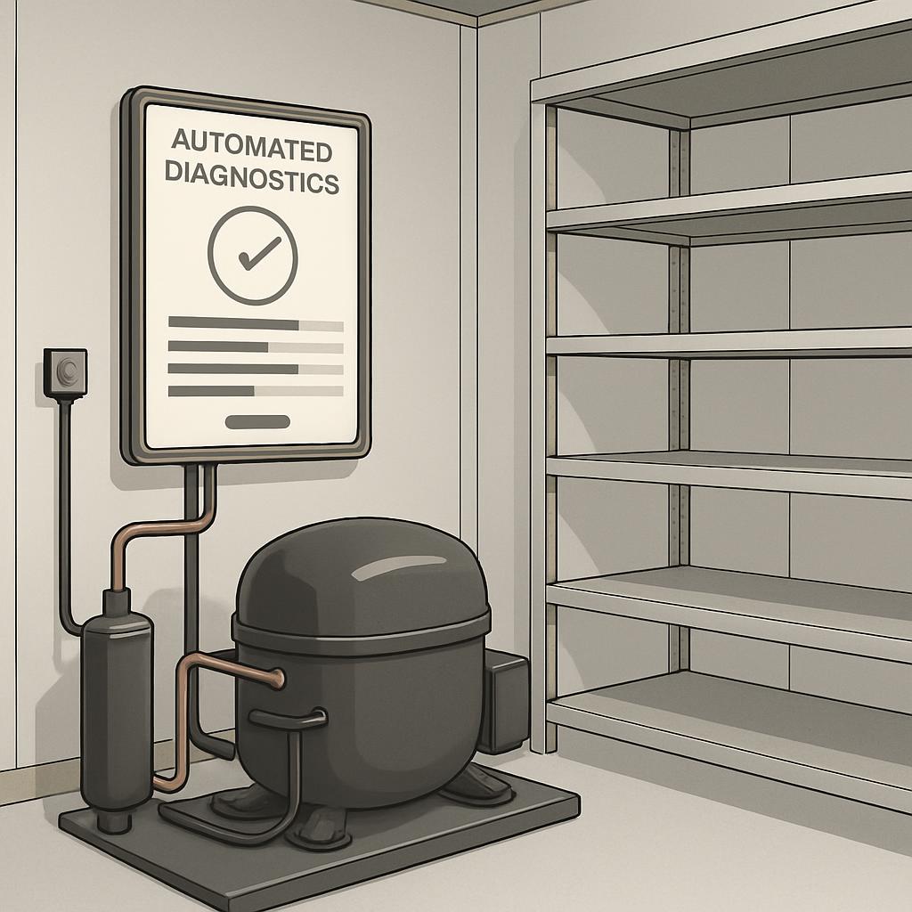 Air conditioner with sign that reads, "Automated Diagnostics" with shelves on the right. The image is grayscale and the si...