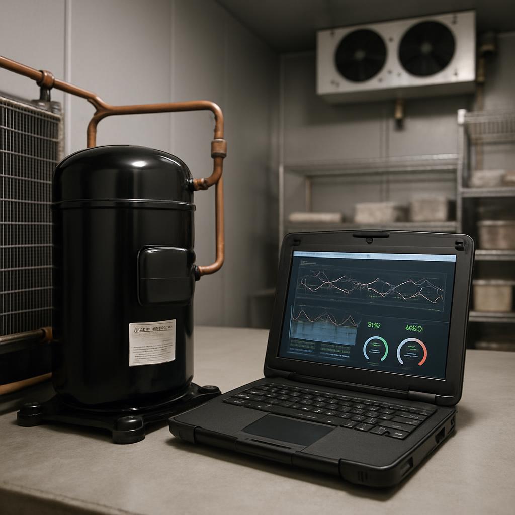 A compact, digitally-integrated, black refrigeration condensing unit stands alongside a laptop, angled towards a wall with...