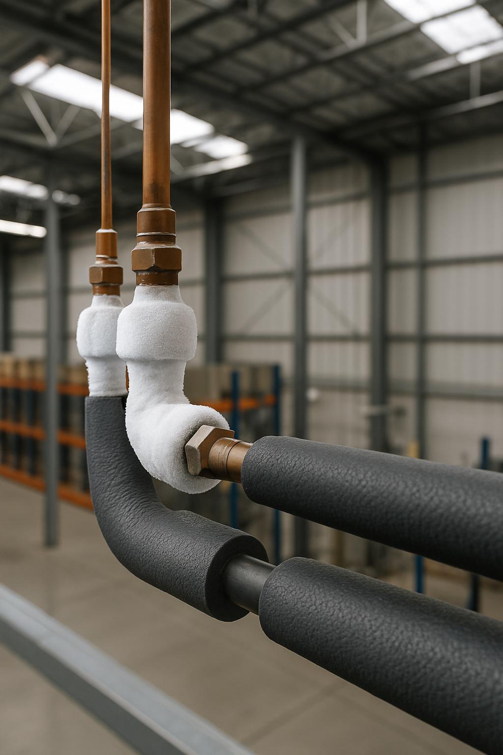 The image depicts a pipe with insulation in a warehouse setting, featuring two pipes attached to metal fixtures and wrappe...