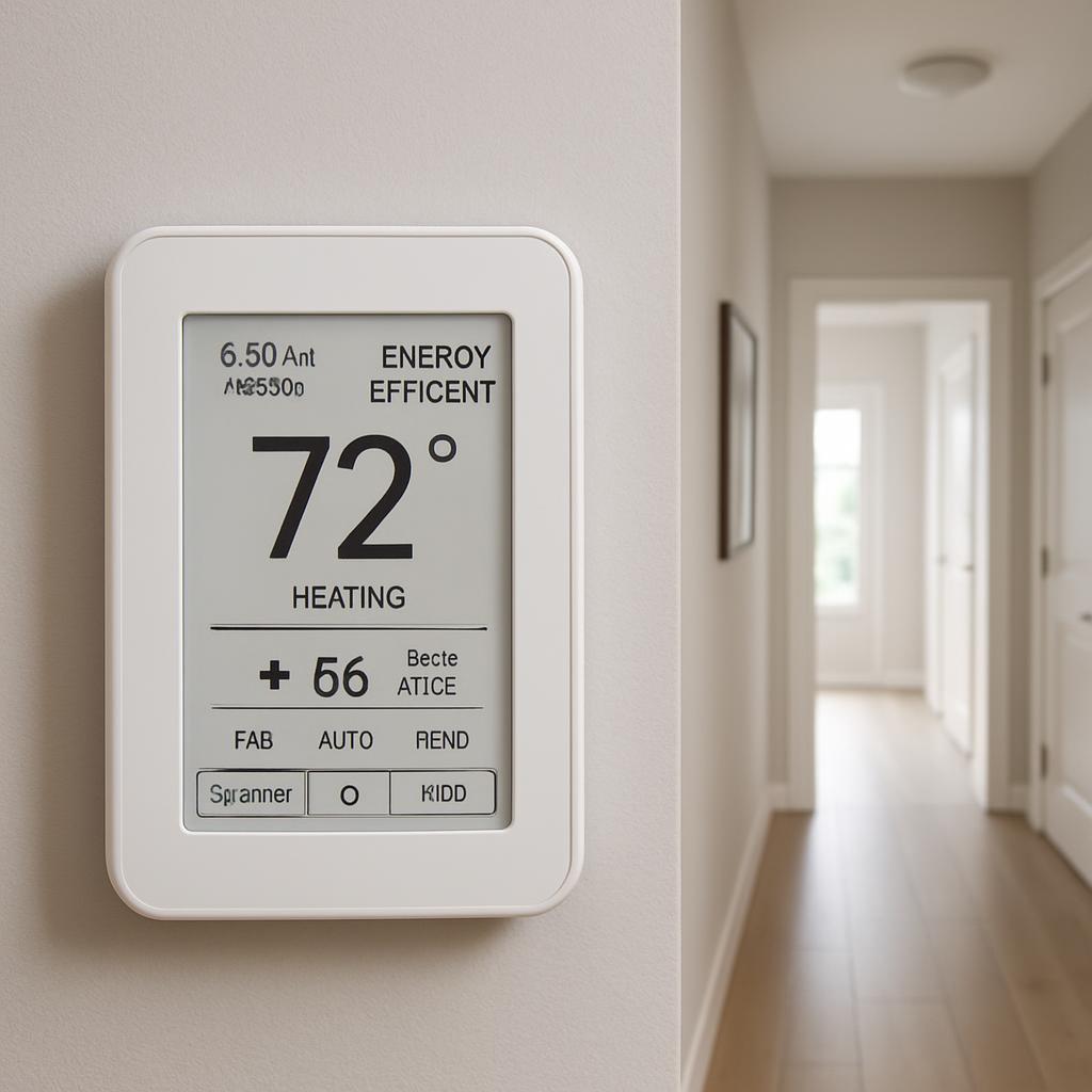 This image shows a thermostat mounted on a white wall, displaying a temperature of 72 degrees, with additional real-time t...